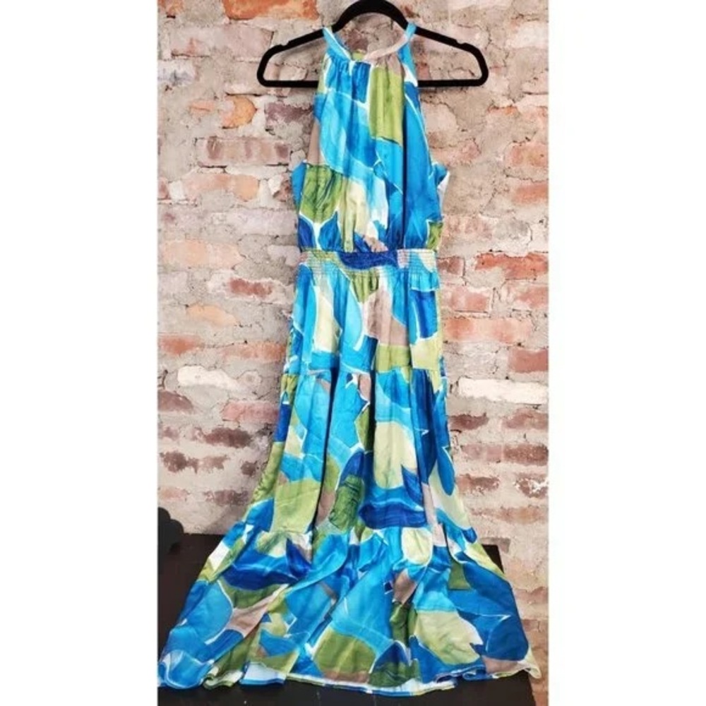Nicole Miller Size Large Blue and Green Halter Neck Maxi Dress NWT - Picture 2 of 10